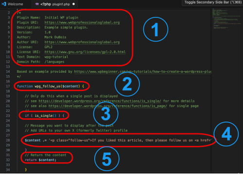 VS Code view with numbered items for explanation